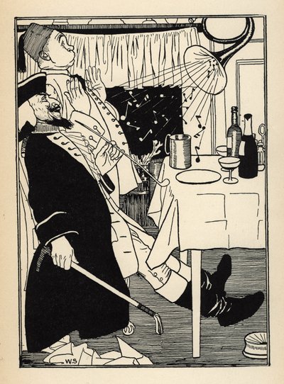 Een bevroren trompet produceert geluiden op zichzelf wanneer het opwarmt, tot vermaak en verbazing van iedereen. Illustratie door William Strang (1859-1921) en JB Clark uit 