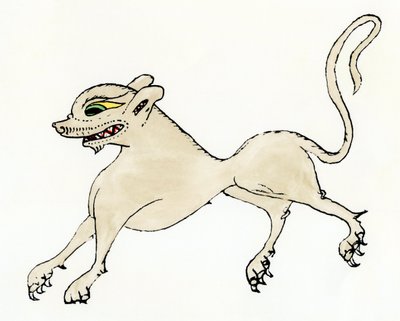 Een weerwolf, in de Middeleeuwen - Gekleurde gravure naar een bestiarium uit de 13e eeuw, Historia Scolastica door Pierre de Eter (of Petrus Comestor of Manducator, ca. 1110-1179) - Middeleeuwse afbeelding van een weerwolf - Handgekleurde houtsnede uit Com door Unbekannter Künstler