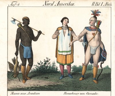 Acadiaanse man met getatoeëerd lichaam en een paar inheemse Canadese Indianen. Lithografie voor het boek: “Galerie complete en tableaux fideles des peuples d