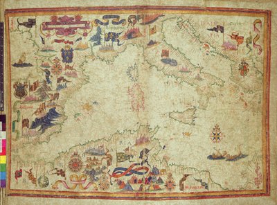 Additional 5415A, ff.11v-12r: De kust van de Middellandse Zee van de Straat van Gibraltar tot de Morea met de Adriatische Zee, ca. 1558 (perkament) door Unbekannter Künstler