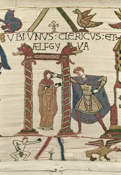 Aelfgyva met een priester, Bayeux Tapestry (wol borduurwerk op linnen) door Unbekannt