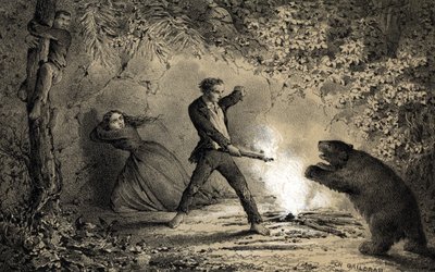 Na het schipbreuk, verdedigt de matroos Pierre Viaud zich tegen wilde beesten door Unbekannter Künstler