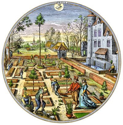 Landbouw: Tuinieren in een Europese groentetuin aan het begin van de lente rond 1590. Kleurgravure uit de 16e eeuw door Unbekannter Künstler