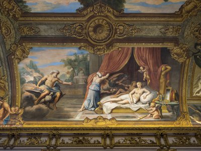 Allegorie van het Vuur, voorstellende Jupiter en Semele, Lodewijk XIII bezoekt Anna van Oostenrijk. Schilderij van het gewelf van de Gouden Galerie door François Perrier door Unbekannt