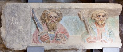 Altaarstuk. polychroom steen. Tweede helft 14e eeuw. Oorsprong voormalige parochiekerk van Torre de Rialb. Detail. Onderste register. Linker paneel. De evangelisten Paulus en Petrus. door Unbekannt