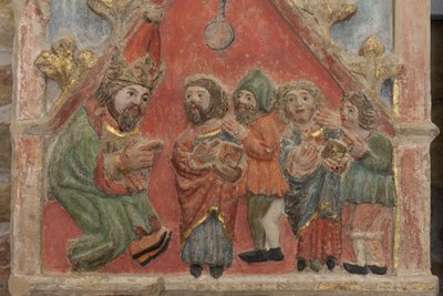 Altaarstuk. polychroom steen. Tweede helft 14e eeuw. Oorsprong voormalige parochiekerk van Torre de Rialb. Detail. Middenregister. Linker paneel. Bovenste deel: de heiligen Iscle en Victoria met de ambtenaren. door Unbekannt