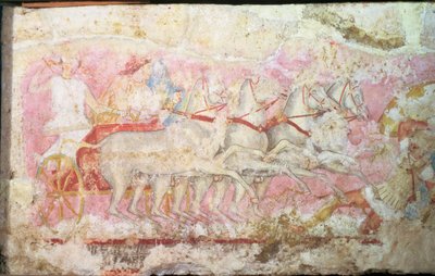Amazones die een wagen besturen, detail van de zijkant van de sarcofaag van de Amazones, Tarquinia, 4e eeuw v.Chr. (detail) door Unbekannt