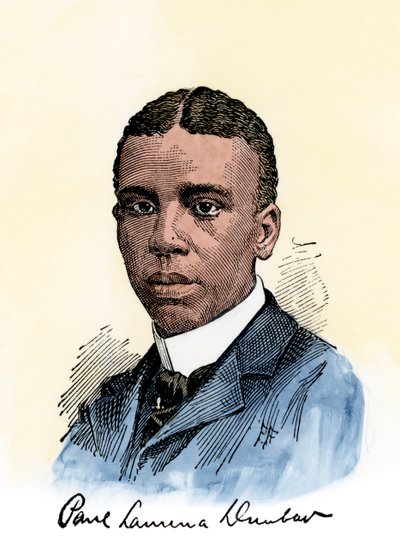 Amerikaanse dichter Paul Lawrence Dunbar (1872-1906), met zijn handtekening. Handgekleurde houtsnede van een 19e-eeuwse illustratie door Unbekannter Künstler