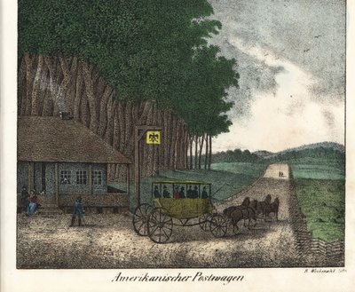 Een Amerikaans postkantoor en een diligence. Lithografie voor het boek: “Galerie complete en tableaux fideles des peuples d