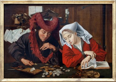 Een schepen en zijn vrouw, een moraliserende allegorische scène uit het dagelijks leven of onder een kaars, de aantrekkingskracht van goudstukken op de weegschaal, ontdekt de aandacht voor spirituele bezigheden, Olieverfschilderij op doek, atelier van Mari door Unbekannt