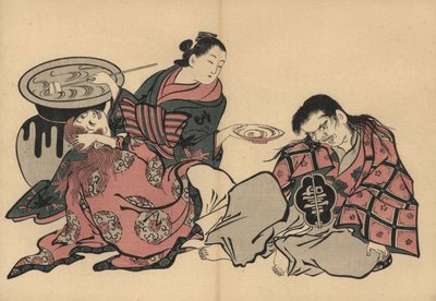 Een oiran courtisane speelt twee shojo met sake uit een enorme vaas. Houtsnede door Masanobu Okumura (1686-1764) uit Fuzoku Emakimono, Beeldrol van de Waterhandel, Tokio, herdruk circa 1880. door Unbekannter Künstler