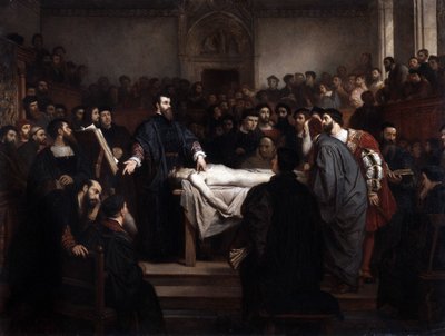 Anatomische les. Andre Vesale (1514-1564), Vlaamse anatoom (Andrea Vesalius of Andries Van Wesel) in Padua (Padova), Italië door Unbekannter Künstler