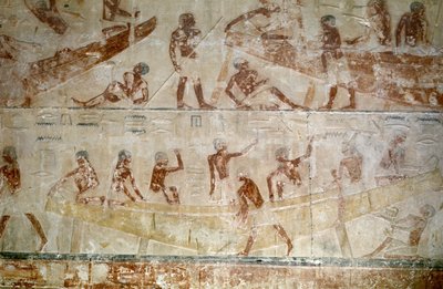 Oud Egypte: Saqqarah: necropolis van het Oude Rijk, graf van een edele. (detail) van de reliëfs die de bouw van een boot voorstellen door Leopold Blonder
