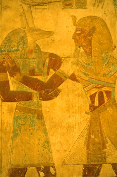 Oud Egypte, muurschildering/gravure, Seti I omhelst de god Anubis, Tempel van Seti I, Abydos door Leopold Blonder