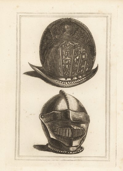 Oude Venetiaanse morionhelm versierd met militaire trofeeën, en een burgonethelm met geïntegreerd vizier en kinbeschermer uit de Tower of London door Unbekannt