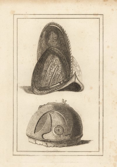 Oude Venetiaanse morionhelm versierd met militaire trofeeën, en een oude Romeinse helm gevonden in Cannae door Unbekannt