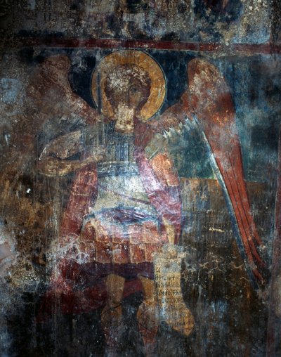 Engel, fresco in Byzantijnse kerk van Agios Constantinos en Agia Eleni, Voukolies, Kreta, Griekenland (foto) door J.B. and Brown J. Rowbotham