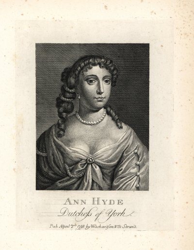 Anne Hyde (1637-1671), hertogin van York en van Albany, eerste vrouw van koning James II van Engeland. Koperen gravure naar een portret door Sir Peter Lely uit William Richard