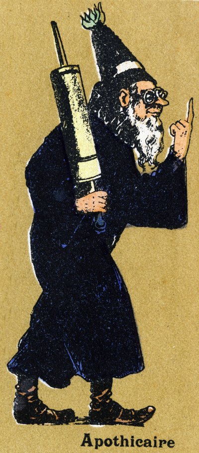 Apotheker met een klysma. Geïllustreerd alfabet. Beeldvorming herenigd in Jarville-Nancy, begin 20e eeuw. Lithografie op een bistre achtergrond door Unbekannt