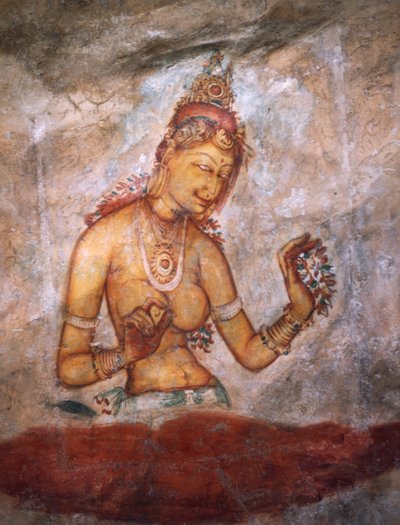 Apsaras, hemelse nimf die bloemen aanbiedt, fresco, versterkte citadel van Sigiriya (UNESCO Werelderfgoedlijst) door Alec Hunter
