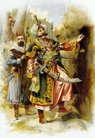 Arabische Nachten: Ali Baba en de Veertig Rovers: de leider van de rovers zegt "Sesam open", advertentie voor "Le Bon Marche" ca. 1900 door Unbekannter Künstler