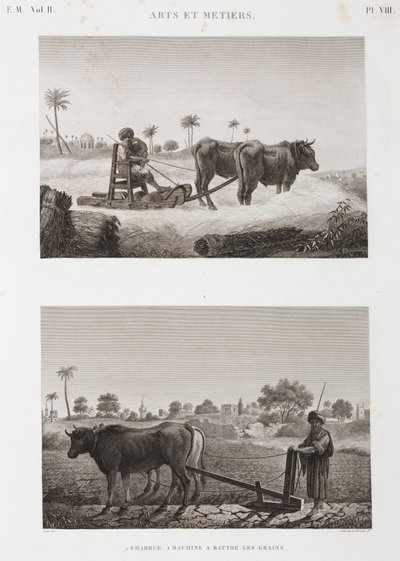 Akkerbouw, ploegen, dorsmachine en ploeg, Egypte, ca. 1798 door Unbekannt