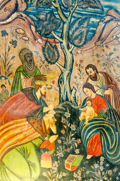 Armeens-Apostolische Kerk; muurschildering; Aanbidding van de Wijzen; Jezus Christus; Maria en Jozef; de Drie Wijzen geven geschenken; Bethlehemkerk of Bedkhemkerk; Julfa-district of Jolfa; Isfahan; Iran; Azië door Unbekannt