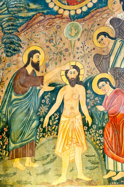 Armeens-Apostolische Kerk; muurschildering; Doop van Jezus Christus door Johannes de Doper in de Jordaan; Bethlehemkerk of Bedkhemkerk; Julfa-district of Jolfa; Isfahan; Iran; Azië door Unbekannt