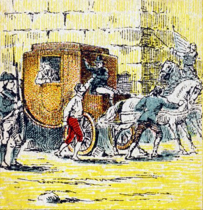 Arrestatie van Lodewijk XVI en zijn vluchtende familie in Varennes op 21 juni 1791. Gravure in "Histoire de France". Serie reclamebeelden uitgegeven namens Louit, circa 1920. door Unbekannt