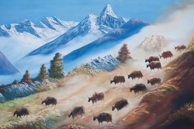 Kunst; schilderij van een kudde jakken onder de Ama Dablam-berg; landelijk leven; galerie in Kathmandu; Nepal; Azië door Unbekannt