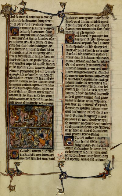 Arthurlegende (zoektocht naar de Heilige Graal): Benoic achtervolgt de Saksen en de slag bij Danablaise, twee illustraties uit het manuscript Geschiedenis van Merlijn, daterend uit de 13e eeuw tussen 1280-1290 door Unbekannter Künstler
