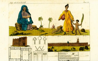 Auguste Rene Caillie doet alsof hij de Koran bestudeert om de moskee in Timboektoe, Mali te schetsen, met vrouw in katoenen gewaad en naakt kind met palmblad door Unbekannt