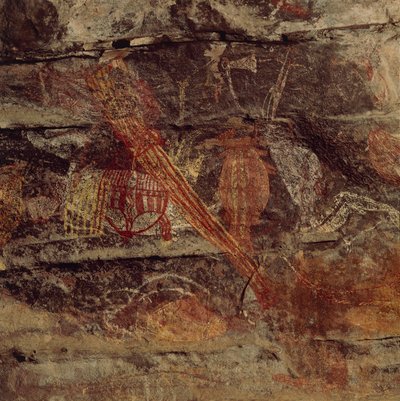 Australië, Noordelijk Territorium, Arnhem Land, Kakadu Nationaal Park, Obiri Rock, Aboriginal rotsschilderingen door Benjamin Baud