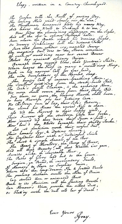 Autograaf exemplaar in het handschrift van de dichter, Thomas Gray, van zijn gedicht 