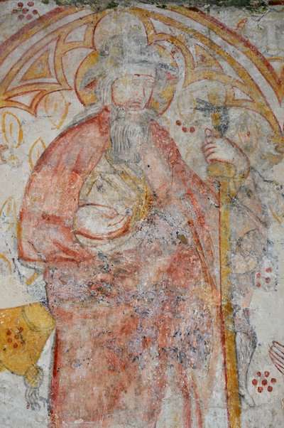 Avy, Kerk Notre Dame. 14e-eeuwse muurschildering (Maagd en Kind omringd, aanbidding door pelgrims vergezeld door hun Heilige Patroons) door Unbekannter Künstler