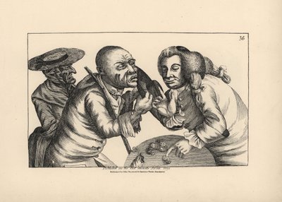 Failliete Toby en vrouw Doxy bedelend om kaas en bier in een taverne. Kopergravure door Thomas Sanders naar een satirische illustratie van Timothy Bobbin (John Collier) (1708-1786) uit 