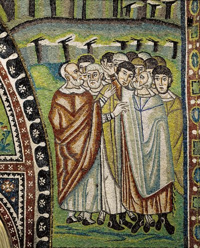 Basiliek van San Vitale, detail van lunetmozaïeken boven de ingang van de wandelgang die Aaron en de leiders van de twaalf stammen van Israël vertegenwoordigen, Ravenna, Emilia-Romagna, Italië door William M. Timlin