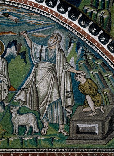 Verhalen van Abraham, detail van lunetmozaïeken boven ingang naar de wandelgang die het offer van Isaac voorstellen door Benjamin Baud