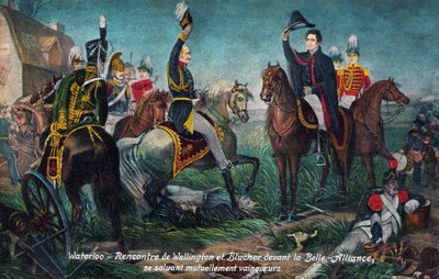 Slag bij Waterloo: ontmoeting van Wellington en Blücher in 1815 (prent) door Unbekannter Künstler