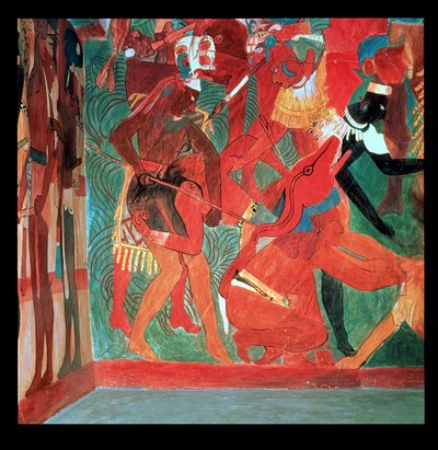 Slagveld afgebeeld in kamer 2 van de geschilderde tempel in Bonampak, Maya, Late Klassieke Periode, c.800 door Unbekannter Künstler