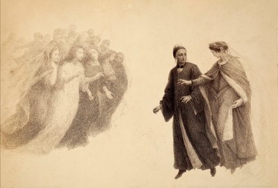 Beatrice, in het firmament van het Paradijs, wijst Dante op een groep zielen. Illustratie van Canto III van Paradiso van De Goddelijke Komedie van Dante Alighieri. Werk van Francesco Scaramuzza opgedragen aan de gemeente Florence. door Unbekannter Künstler
