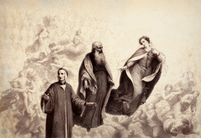 Beatrice verwijdert zich van Dante, en aan zijn zijde verschijnt St. Bernard. Illustratie van Canto XXXI in Paradiso van De Goddelijke Komedie door Dante Alighieri. Werk van Francesco Scaramuzza gewijd aan de gemeente Florence. door Unbekannter Künstler