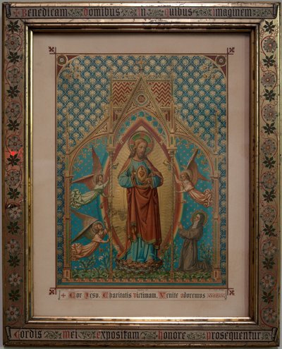 Bevere. Parochiekerk (Sint-Pietersbanden). Interieur. Devotie gekleurde prent. S Lucas school Gent, Eigendom 1875, W Z Dreyt Brugge. Neogotisch. door Unbekannt