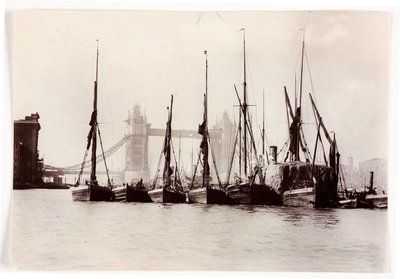 Boten aangemeerd bij Tower Bridge door Unbekannt