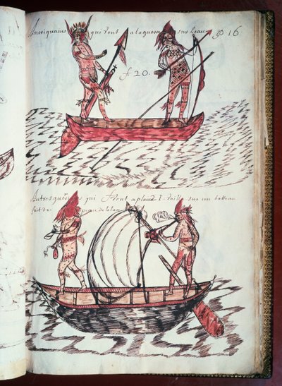 Boten van Indianen, pagina uit Codex Canadensis (1664-1675), manuscript op perkament door Louis Nicolas, Frankrijk door William M. Timlin