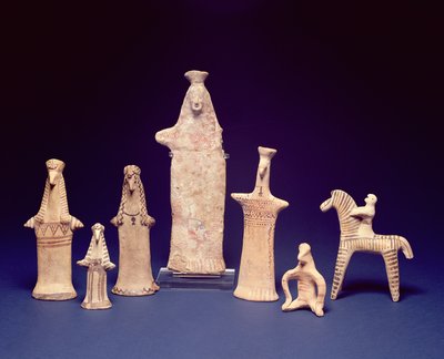 Boeotische groep: Staande, hurkende figuren en een ruiter, ca. 600-550 v.Chr. door Unbekannt