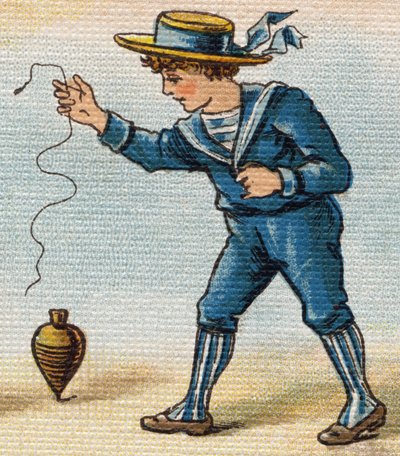 Jongen die met de tol speelt. Gravure in "Alphabet de ma petite fille". Bernardin-Bechet en Fils, boekhandel-uitgevers, Parijs, rond 1895. Onbreekbaar album op canvas. Bibliothèque des Bébés. door Unbekannt