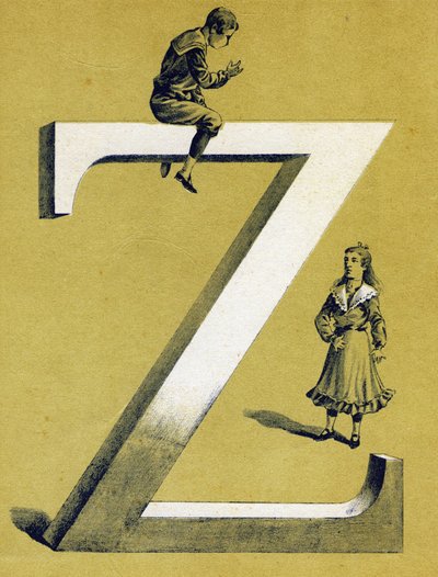 Jongen zittend op de letter Z en meisje staand onder hem. Geïllustreerd alfabet. Beeldvorming herenigd in Jarville-Nancy, begin 20e eeuw. Lithografie op een bistre achtergrond door Unbekannt