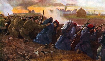 Britse troepen vechten met de Fransen om de eerste Duitse aanval te stoppen, herfst 1914 door Unbekannter Künstler