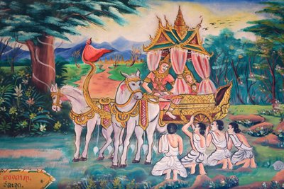 Boeddha en prinses Yashodhara en hun zoon, Rahula. Leven van Boeddha. Muurschilderingen. Wat Inpeng, Vientiane, Laos, 20151029, Vientiane, Laos door Unbekannt